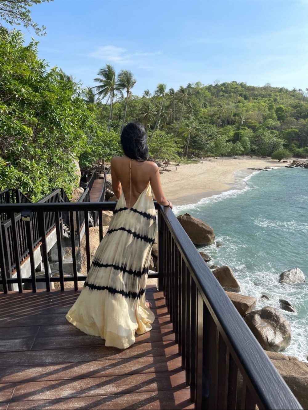 Tie-Dye Halter Backless Maxi Dress in Cream and Black